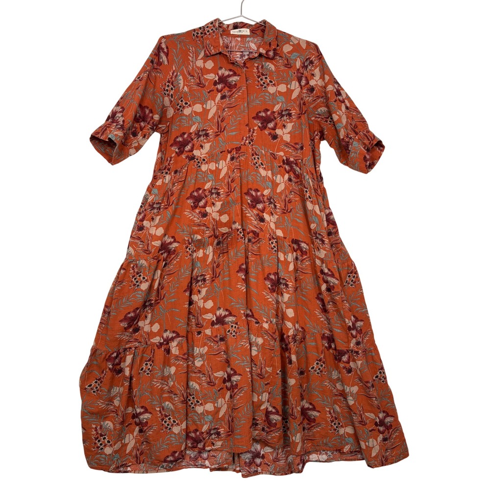 Natural Life Womens Rebecca Dress L Orange Floral Tiered Boho Midi Short Sleeve